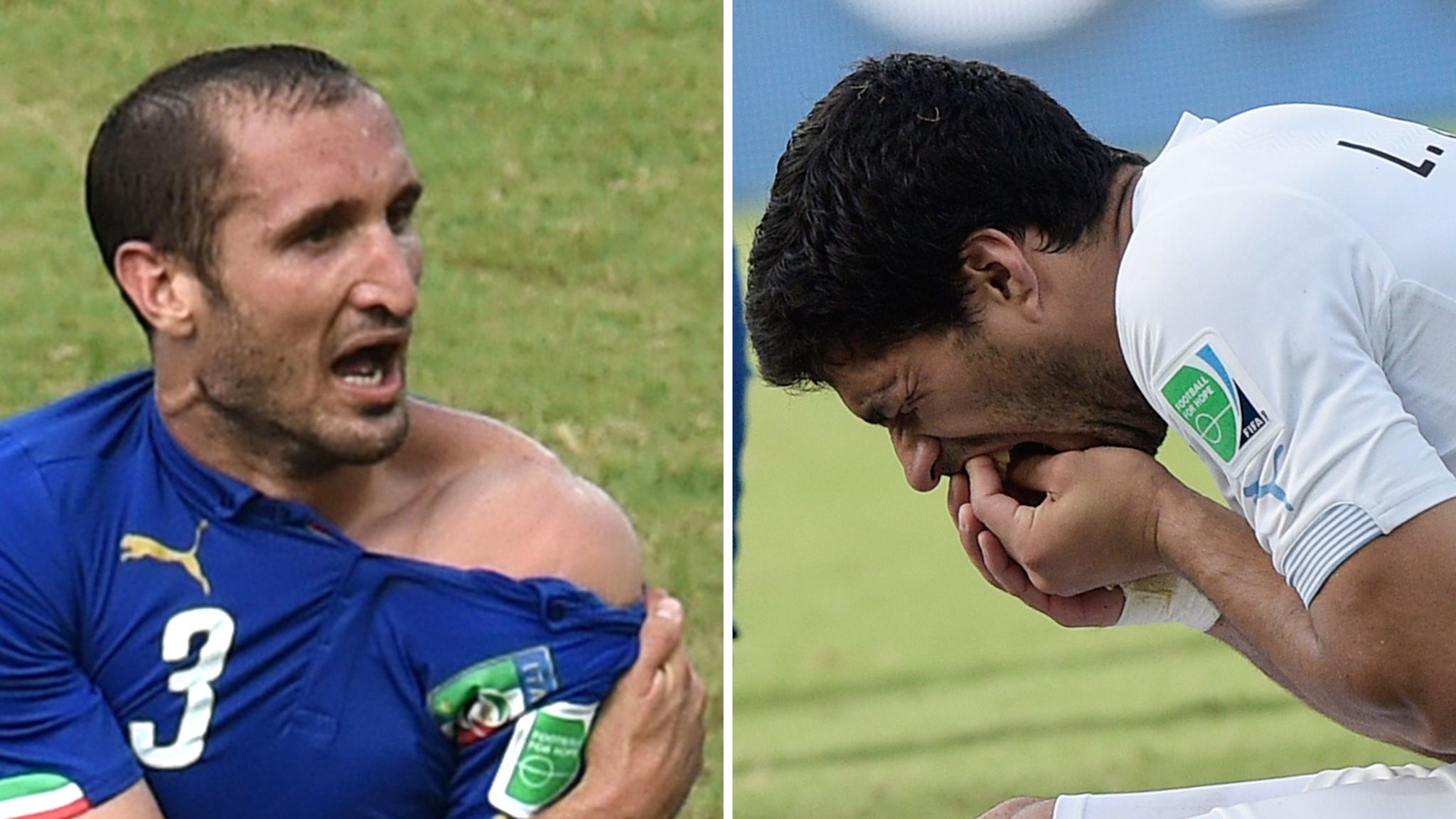 2014年世界盃，蘇亞雷斯咬了義大利的基耶利尼的肩膀。（圖／skysports）