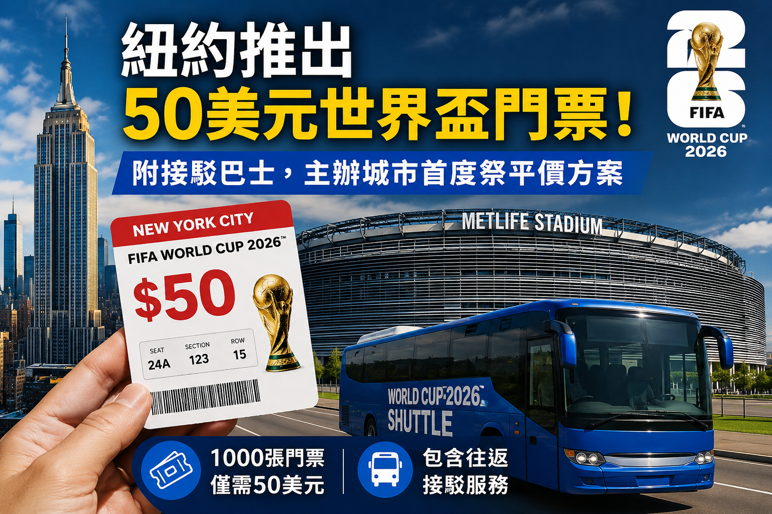 2026世界盃／紐約推出 50 美元世界盃門票！附接駁巴士，主辦城市首度祭平價方案